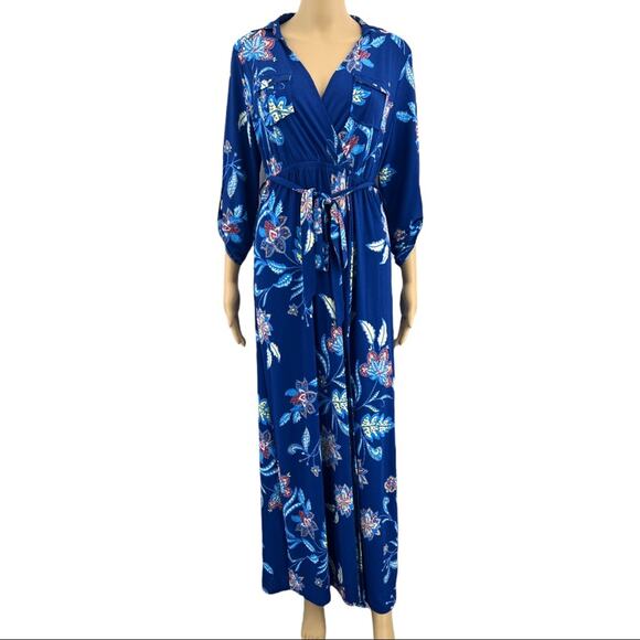 Iris LARGE Blue Floral Collared Long Sleeve Boho Sheath Maxi Dress NWT - Picture 1 of 7